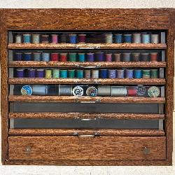 Antique Oak Spool Cabinet w/ Spools of Threads