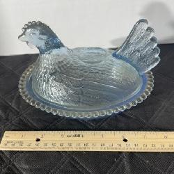 Pressed glass covered dish titled 'Hen on Nest' by Indiana Glass Company