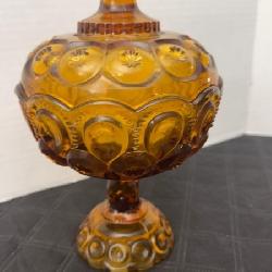 Pressed glass covered compote in 'Moon and Stars' pattern by L.E. Smith Glass Company