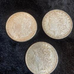 three 1921 D Morgan silver dollars