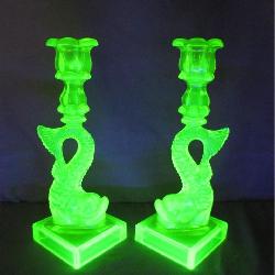 Uranium Vaseline Glass Koi Fish Candleholders