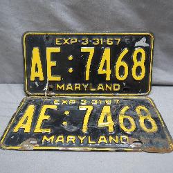 1967 Maryland License Plates Set