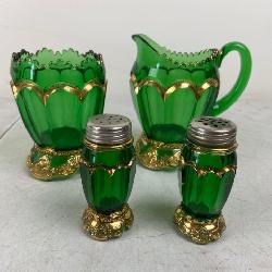vintage Emerald green Riverside glass works pitcher, sugar bowl, and salt and pepper shaker