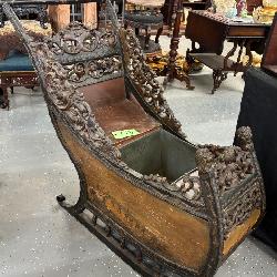 #613 Fantastic Dutch European Walnut Carved Childs Sleigh Sled 