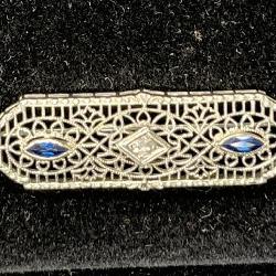 Art Deco White 14k Gold Sapphire & DIamond Brooche