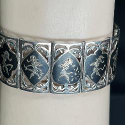 Vtg Sterling Silver Siam Dancers 12 Panel Bracelet