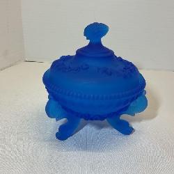 Westmoreland Cobalt Blue Satin frosted finish Argonaut Dolphin Foot Lidded Candy Dish Bowl 6” 