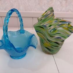 Two Hand-Blown Decorative Glass Pieces: Basket and Vase