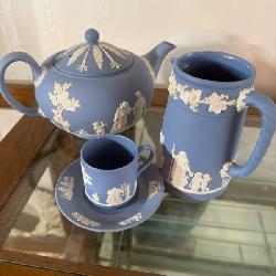 Wedgwood Blue Jasperware Tea Set with Teapot, Pitcher, Cup, and Saucer