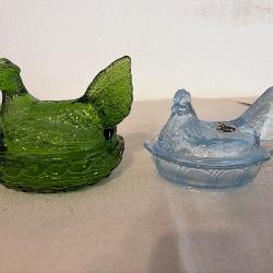 Green and Blue Glass Hen-Shaped Dishes 
