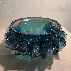 Iridescent Blue Carnival Glass Punch Bowl