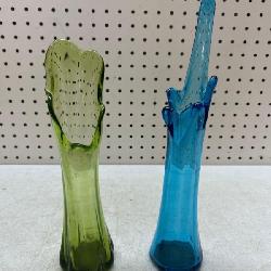 Vintage green and blue swung art glass vases