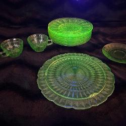 Uranium depression glass plates, tea cups, and more