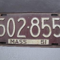 Massachusetts License Plate From 1951