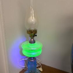 Depression Glass Electric Lamp with Uranium Glass Accents and Chimney