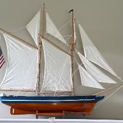 Wooden Model Ship with Sails and United States Flag