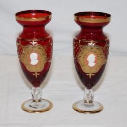 Pait of Bohemian Cranberry Vases w/ Cameos