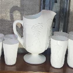 Indiana Colony Harvest White Milk Glass Pitcher and Glasses