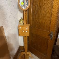 Oak Shaving Stand with Mirror and Brass Shaving Set