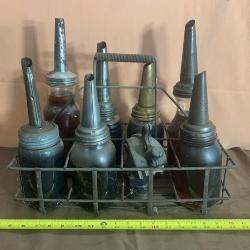 Vintage Set of Glass Motor Oil Bottles with Tin