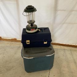Coleman Cooler, Coleman Electric Lamp, and a Misc Tackle Box w/ Contents