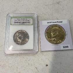 Gold-Plated Dollar Coin and Kennedy Quarter
