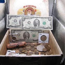 Cigar Box of Vintage US Coins & Currency
