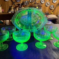 Depression Glass Vaseline Uranium Glass Serving Set