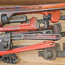 Box Lot of Pipe Wrenches and More