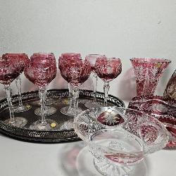 Nachtmann Crystal Cranberry Wine Glasses,Decanter