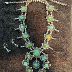 Genuine Squash Blossom Necklace and Earrings with Turquoise Stones