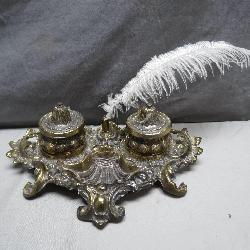 Ornate Double Inkwell With Feather Quill