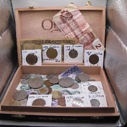 Cigar Box of Foreign Coins & Currency