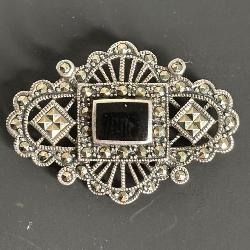 ANTIQUE SILVER ONYX MARCASITE BROOCH