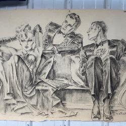#92 Large original charcoal/Graphite/ Stunning Woman Being Admired on Couch-Original  art work by Le