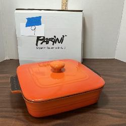 Parini Square Baker with Lid is a Vibrant Orange Enameled Ceramic Cast-Iron Bakeware Dish