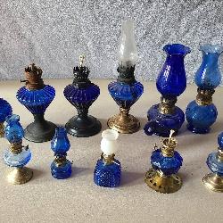 Miniature and Small Blue Glass Oil Lamps