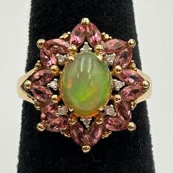 10K Australian Opal Diamond & Pink Tourmaline Ring