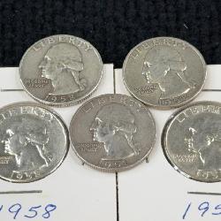 5 1958 Washington Silver Quarter Dollars, Philadelphia & Denver Mint