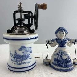 Porcelain Hand Crank Spice Mill & Vintage Delft Dutch Milk Maid Bell Figurine