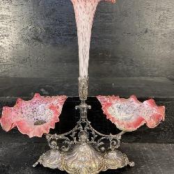 ANTIQUE SILVER PLATE CRANBERRY EPERGNE BOWL LILY
