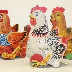 #186 Fisher Price lot (3) incl. Cackling Hen pull toy (123), Katy Kackler The Red Hen pull toy (140)