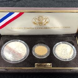 #25 Untied States Congressional Liberty Coin lot of 3 incl. $5 Gold Coin, Silver Dollar, and Silver 