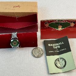 Vintage 1960's MLB All-Star Mickey Mantle, Willie Mays, Roger Maris Bradley Swiss Wrist Watch w/ Original Box and Baseball Tips Booklet UNWORN