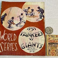 1937 New York Yankees vs. New York Giants World Series Official Program and Game 1 Ticket Stub (Gehrig, DiMaggio, Met Ott, Carl Hubbell) UNSCORED