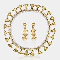 Egyptian Revival 18K Yellow Gold Pearl Collar Necklace with Matched Earrings