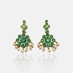 Gilt Silver Rhinestone Faux Emerald Pearl Drop Dangle Earrings