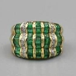 14k Gold Bar Set Natural Emerald Diamond Ring