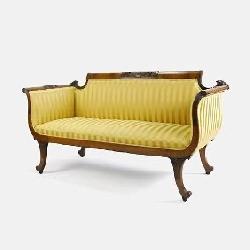 Antique Empire Inlaid Silk Upholstered Sofa Settee Duncan Phyfe Style