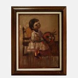 Folk Art Oil on Canvas Portrait Painting of Artistic Young Child